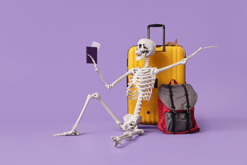 Human skeleton with passport, backpack and suitcase on lilac background. Travel concept