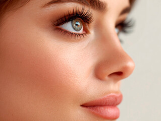 Fototapeta premium Close-up of a young woman’s face in profile with soft lighting, showcasing smooth skin, glossy lips, long lashes and a calm upward gaze