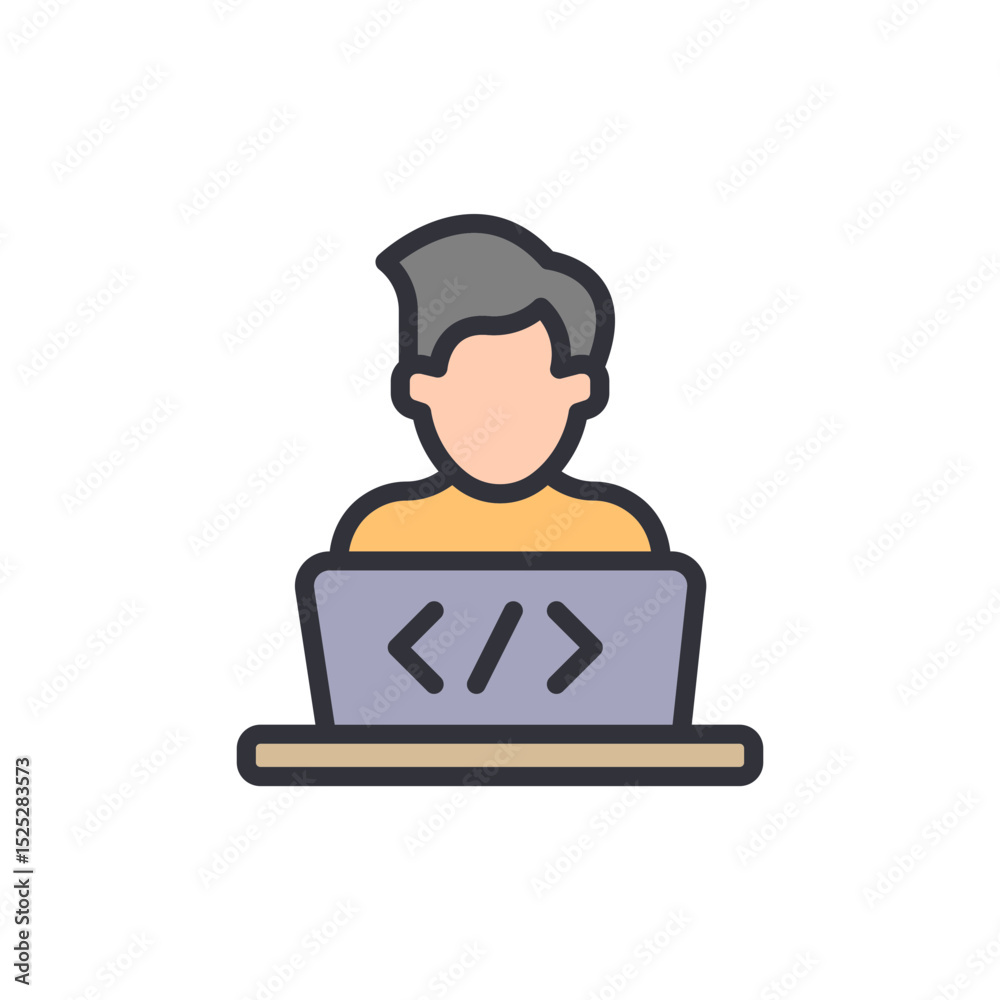 Poster illustration of a software developer coding on a laptop computer