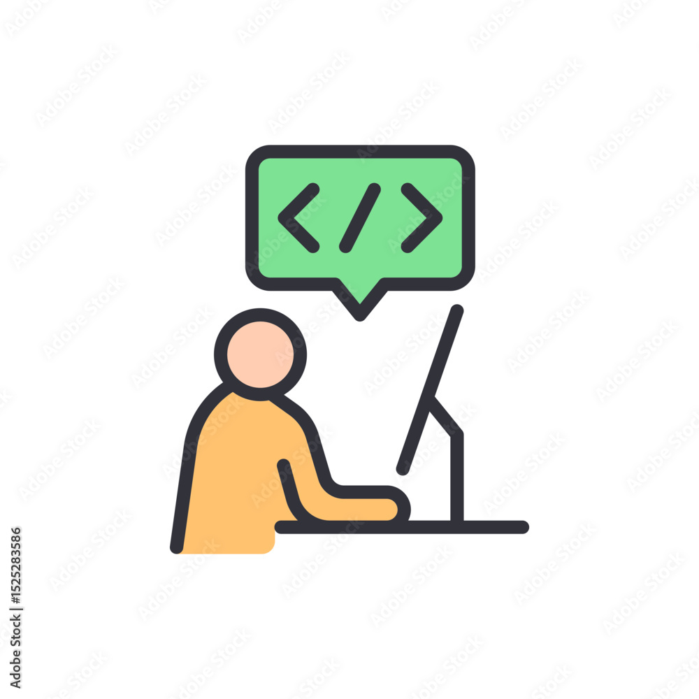 Poster web developer with code symbol over his head working on a computer