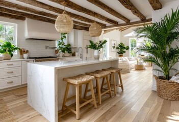 A kitchen island with wooden barstools, light wood accents, and plants