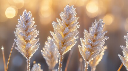 Naklejka premium Wild grass seedheads adorned with water droplets reflecting warm golden light creating magical atmosphere with soft focus background in nature