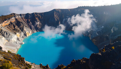 Naklejka premium Volcanic crater lake with turquoise water, mist, and cliffs under cloudy sky — dramatic natural landscape