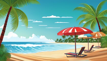 Obraz premium tropical beach umbrellas under palm trees waves crashing ashore summer vacation scene