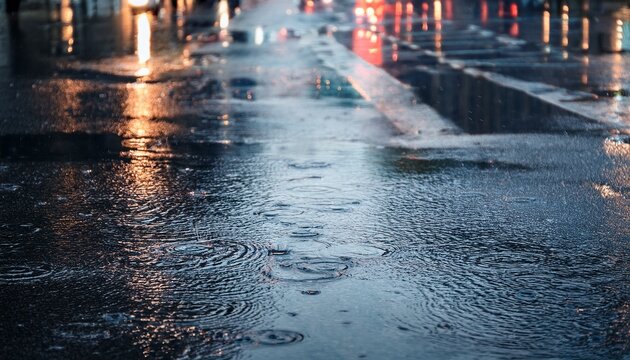 raining day city street heavy rain in town texture of water drops puddles with ripple on the road
