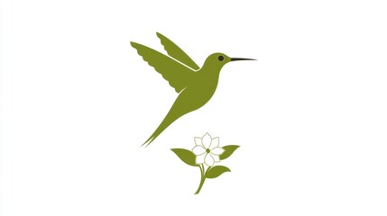 Obraz premium A stylized green hummingbird in flight, positioned above a single white flower with green leaves on a plain white background