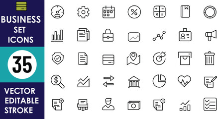 A minimalist vector icon set featuring 35 editable business icons: graphs, gears, charts, briefcases, documents, megaphones, money, mail, calendars, banks, and analytics