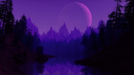 Purple moon over mountain lake forest