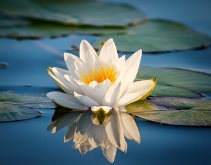 white water lily floating on calm water surface with reflection