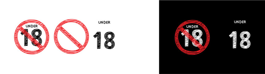 Doodle under 18 sign.  No 18 years old illustration. Under eighteen sign. Prohibition sign line.