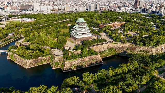 Aerial view of Osaka Castle before sunset, Japan