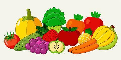 illustration of a wide variety of fruits and vegetables arranged neatly on a white background
