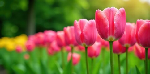Fototapeta premium Pink tulips in vibrant bloom, lush green garden backdrop, greenery, wallpaper