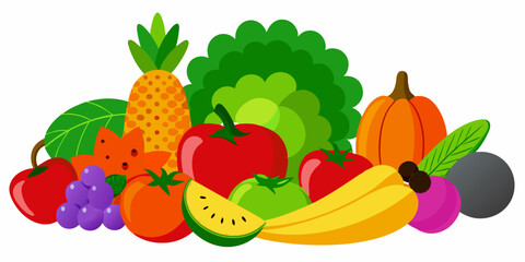 illustration of a wide variety of fruits and vegetables arranged neatly on a white background