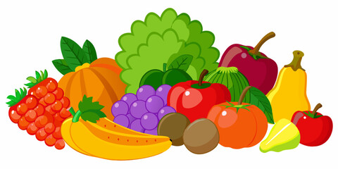 illustration of a wide variety of fruits and vegetables arranged neatly on a white background