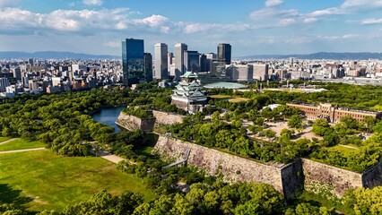 Fototapeta premium Aerial view of Osaka Castle before sunset, Japan