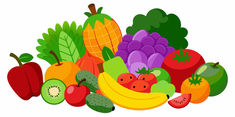 illustration of a wide variety of fruits and vegetables arranged neatly on a white background