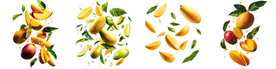 Set of slices mango fruit falling on transparent background.
