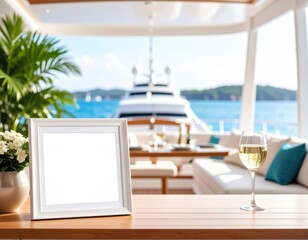 Obraz premium Yacht Deck Still Life with Blank Frame Wine and Ocean View