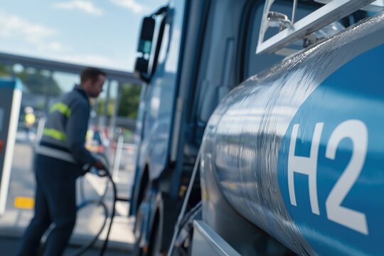 A worker refuels a truck with hydrogen at a fueling station, highlighting clean energy and sustainable transport solutions.