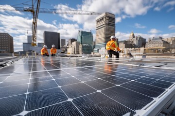 Workers install solar panels on a rooftop in a modern city, promoting renewable energy and sustainability amidst urban skyscrapers.