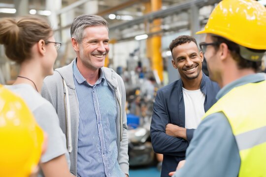 A group of professionals, including engineers and workers in safety gear, collaborate and smile inside an industrial facility.