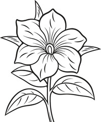 Detailed black and white floral illustration of a blooming flower with leaves and stem