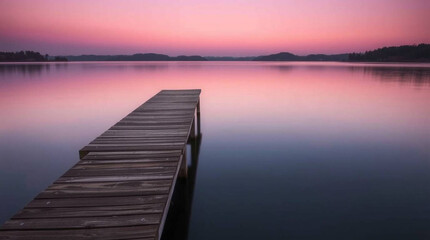 Fototapeta premium Wooden dock extending into a calm lake reflecting a pink and purple sunset sky over distant hills