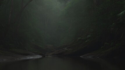 Misty rainforest valley with dark water