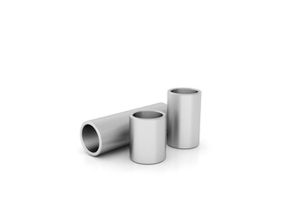 Short steel pipes standing and lying on white background, clean metal tube components for construction and industry. 3d render. roll of toilet paper.