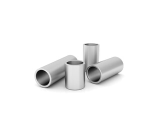 3d render of short steel pipes isolated on white background, perfect for industrial, mechanical, and construction material concept. roll of toilet paper.