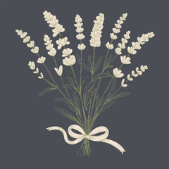 Beautiful illustration of lavender bouquet, featuring delicate flowers and green leaves, tied with ribbon, evoking sense of calm and tranquility