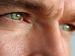 Closeup of a mature man's intense green eyes with visible skin texture and wrinkles around the eyes, showcasing age, wisdom and emotional depth in natural lighting