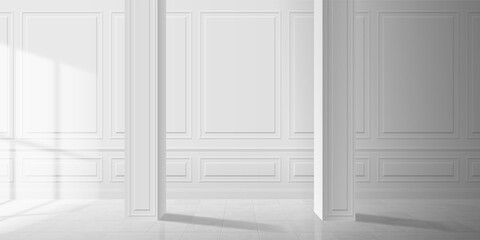 empty classic room interior design wall panels  tiles floor  columns window light vector illustration