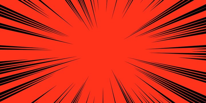 Comic book-style burst effect with black radial speed lines exploding from a vibrant red background. Perfect for action-themed designs, manga-inspired graphics, pop art layouts