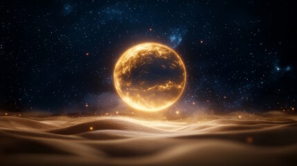 A desert with glowing sand and floating orbs