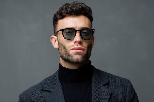 Man with glasses a black turtleneck and a grey suit against a grey background