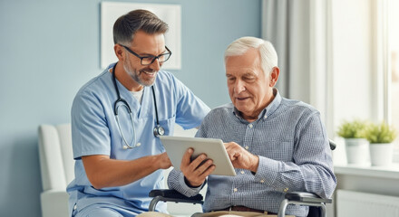 Friendly male nurse assists senior man in wheelchair using digital tablet. Healthcare technology, eldercare support, patient care. Doctor caregiver helping elderly patient with modern device.