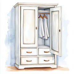 Watercolor Painting of Antique White Armoire with Open Door and Clothing