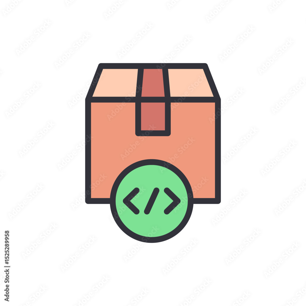 Poster software package depicting source code shipping with minimalist box