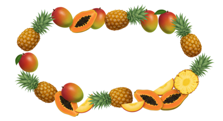 tropical summer frame fruit top view PNG. Organic and fresh frame fruit top view flat lay isolated. Colorful frame made of tropical fruits top view isolated PNG for summer designs, juice ads