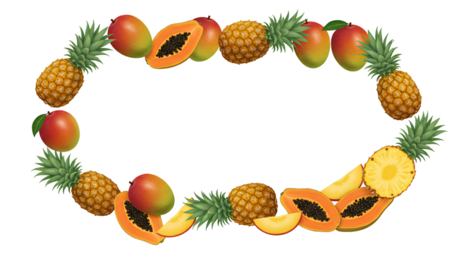 tropical summer frame fruit top view PNG. Organic and fresh frame fruit top view flat lay isolated. Colorful frame made of tropical fruits top view isolated PNG for summer designs, juice ads