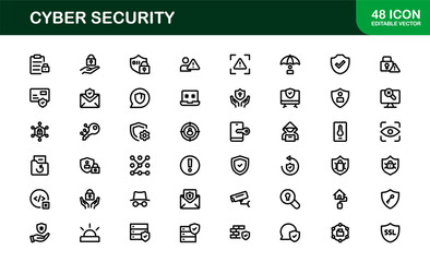 Cyber Security Icon Set in Vector Style Featuring Protection, Privacy, Firewall, and Data Safety Symbols