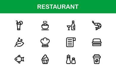Fototapeta premium Professional Restaurant Icons with Minimal Line Art Featuring Food Items, Dining, Kitchen Tools, and Menu Symbols