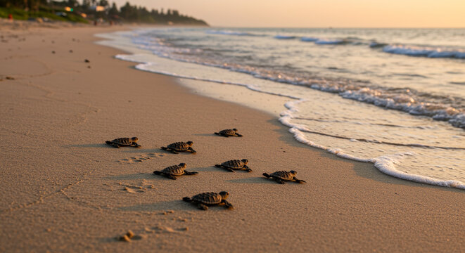 Baby sea turtles crawling on sandy beach at sunset