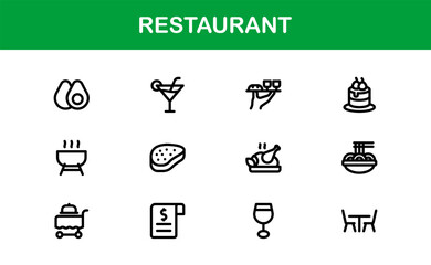 Professional Restaurant Icons with Minimal Line Art Featuring Food Items, Dining, Kitchen Tools, and Menu Symbols