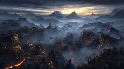 Volcanic landscape with mountains and lava