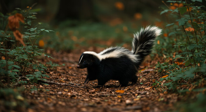 Striped skunk walking on forest path surrounded by autumn foliage   - Powered by Adobe
