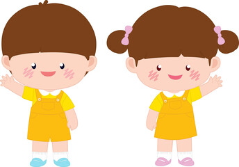 한쪽 손 인사하는 남자아이와 여자아이