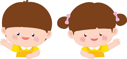 한 손 인사하는 남자아이와 여자아이